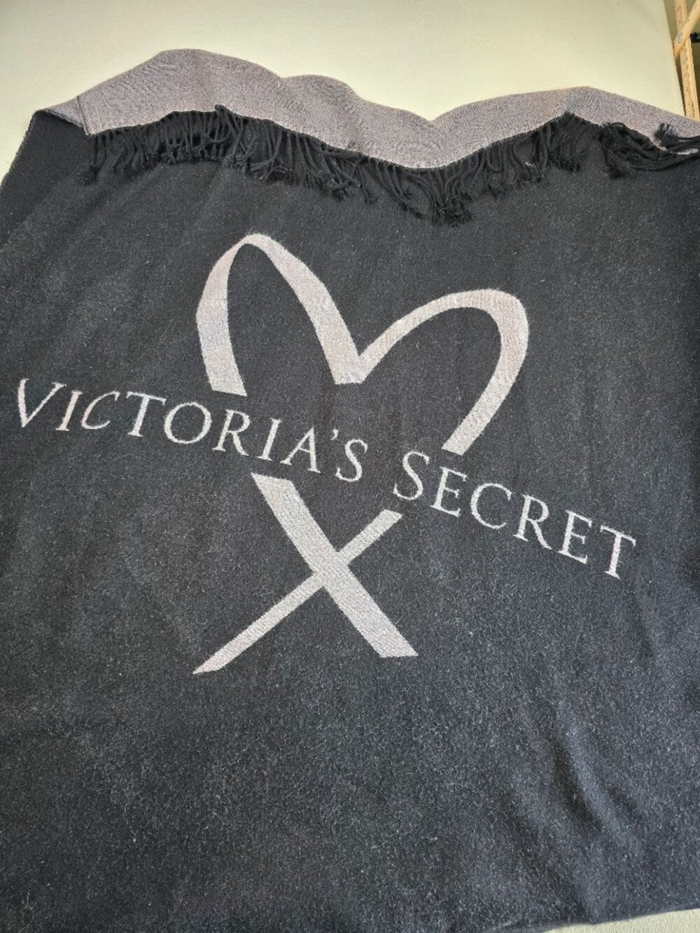 Victorias Secret Black Heart Logo Throw Blanket With Fringe